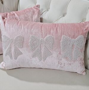Pink Velvet Decorative Pillow with Pearl Bow Appliqués Set Of Two